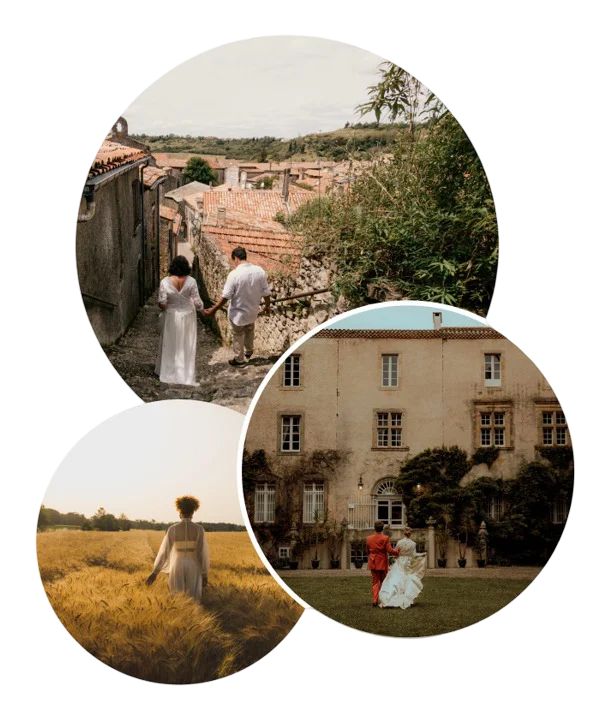 couple-mares-chateau-mariee-bles-maison Montage photos : un couple de mariés marche vers un château et une mariée marche seule dans un champ de blés.