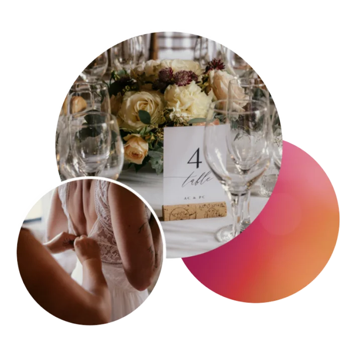 smooth-bilingual-experience Set of 2 photos: A wedding planner finishes fastening the bride's dress from behind for her destination wedding in Toulouse, and The table decoration is set for the castle wedding in Southwest France. Photo credits: Sophie Bachère